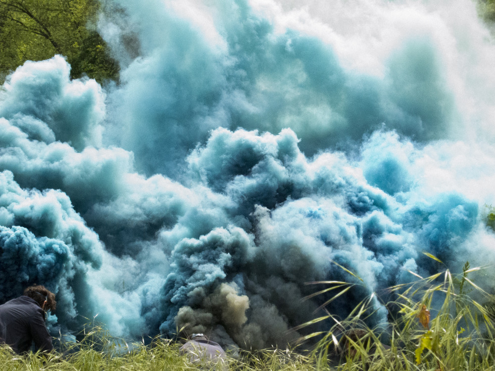 Hicham Berrada, Celeste, 2014 Color photograph 40 x 50 cm Grey sky, sky blue smoke © ADAGP Hicham Berrada © Photo. Amandine Bajou Courtesy the artist and kamel mennour, Paris/London